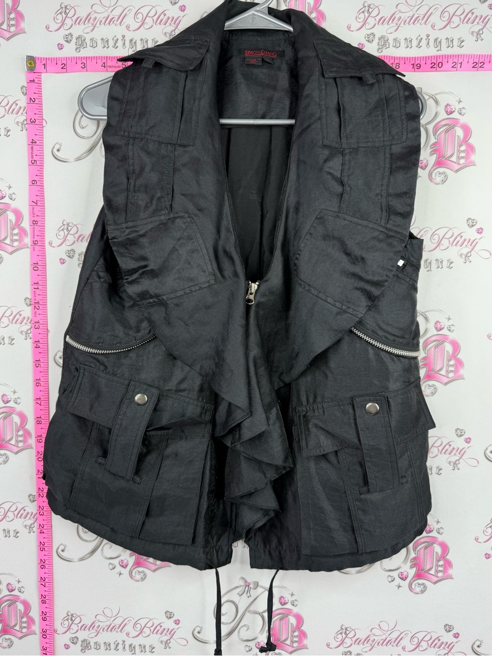 Simon Chang vest ruffle zippers cargo Black Ruffled Utility Vest